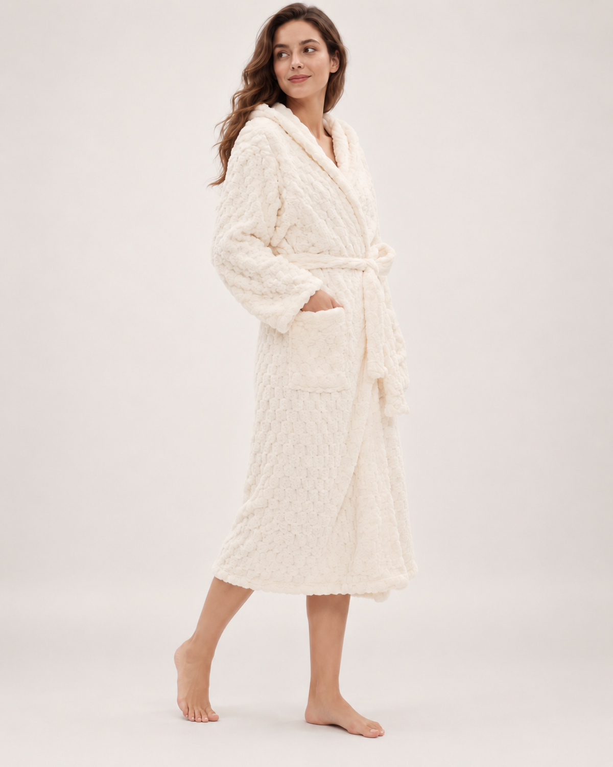Women's Textured Hooded Dressing Gown – Long Wrap Style, controlled step