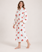 Women's Peach Print Dressing Gown – Long Wrap Style, controlled step