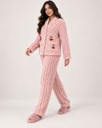 Women's Fleece Pyjamas – Ribbed Button-Up Set, controlled side step