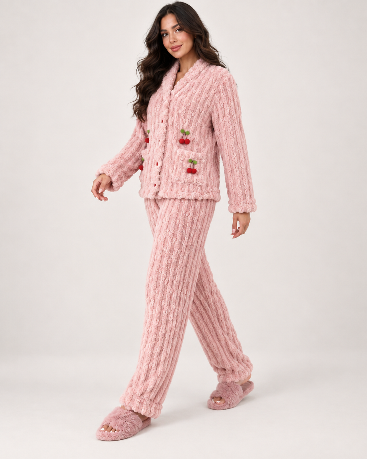 Women's Fleece Pyjamas – Ribbed Button-Up Set, controlled side step