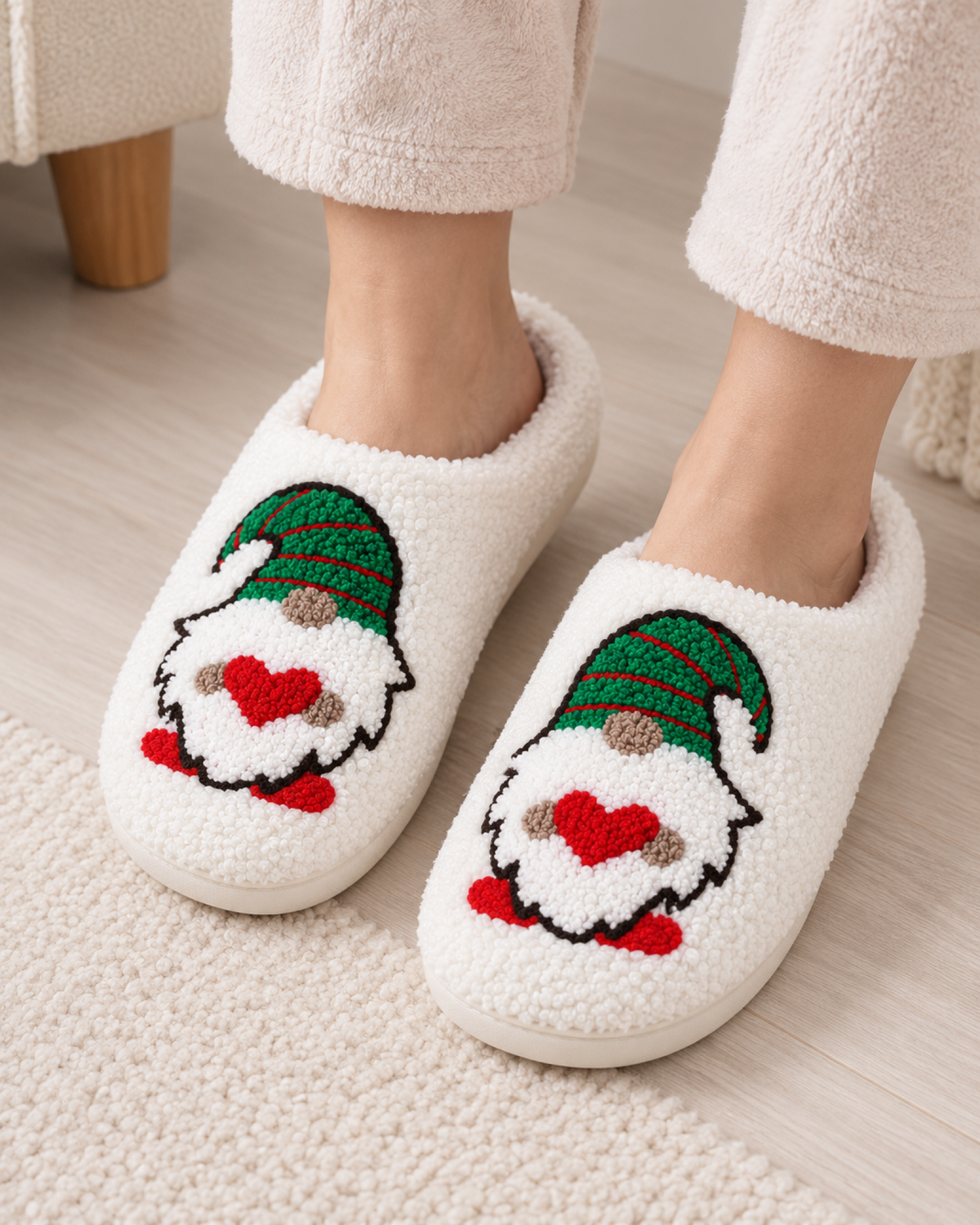 Women's Christmas Slippers – Santa and Gnome Designs, worn indoor