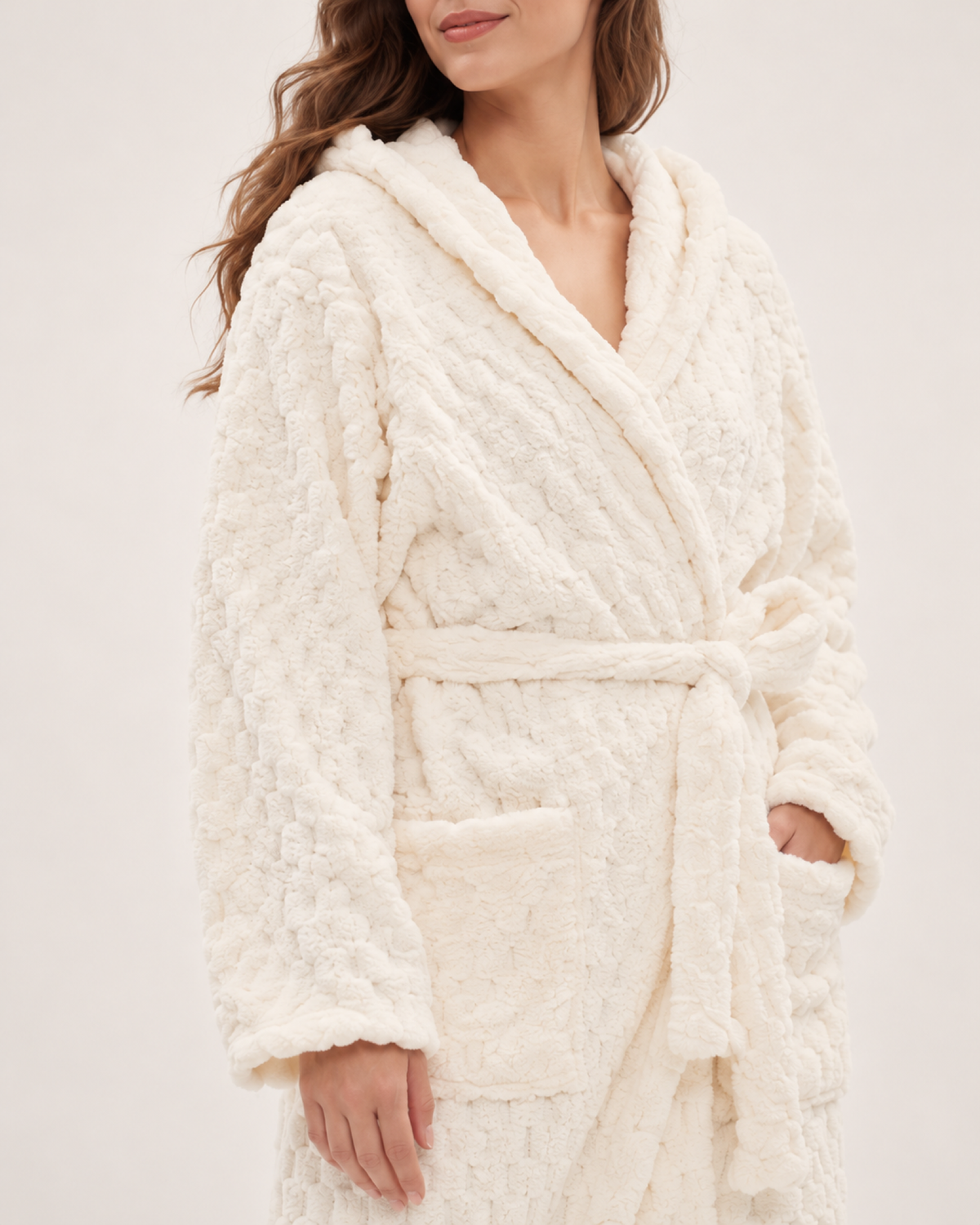 Women's Textured Hooded Dressing Gown – Long Wrap Style, confirmed garment detail
