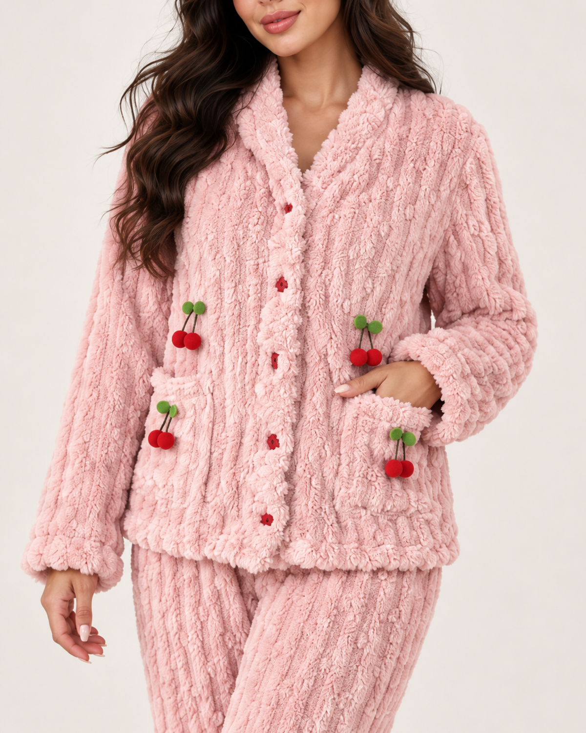 Women's Fleece Pyjamas – Ribbed Button-Up Set, confirmed garment detail