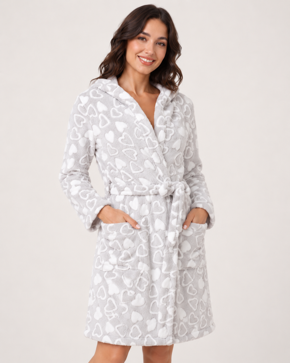 Women's Heart Print Hooded Dressing Gown, confirmed garment detail