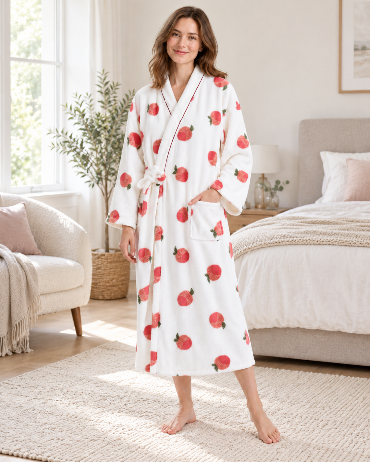 Women's Peach Print Dressing Gown – Long Wrap Style, wide cosy room