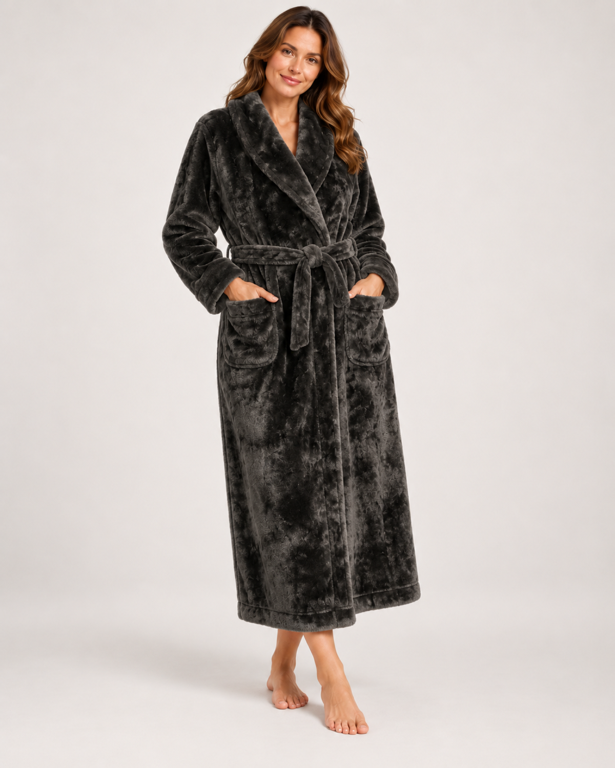 Women's Fleece Dressing Gown – Long Wrap Style in Charcoal Grey