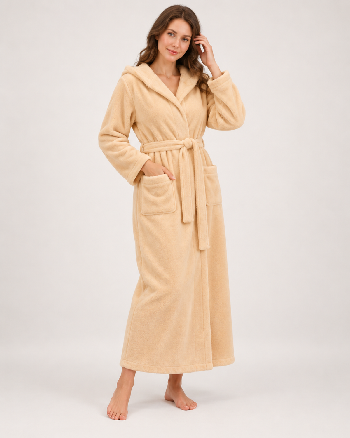Women's Hooded Fleece Dressing Gown – Seven Designs in Warm Beige