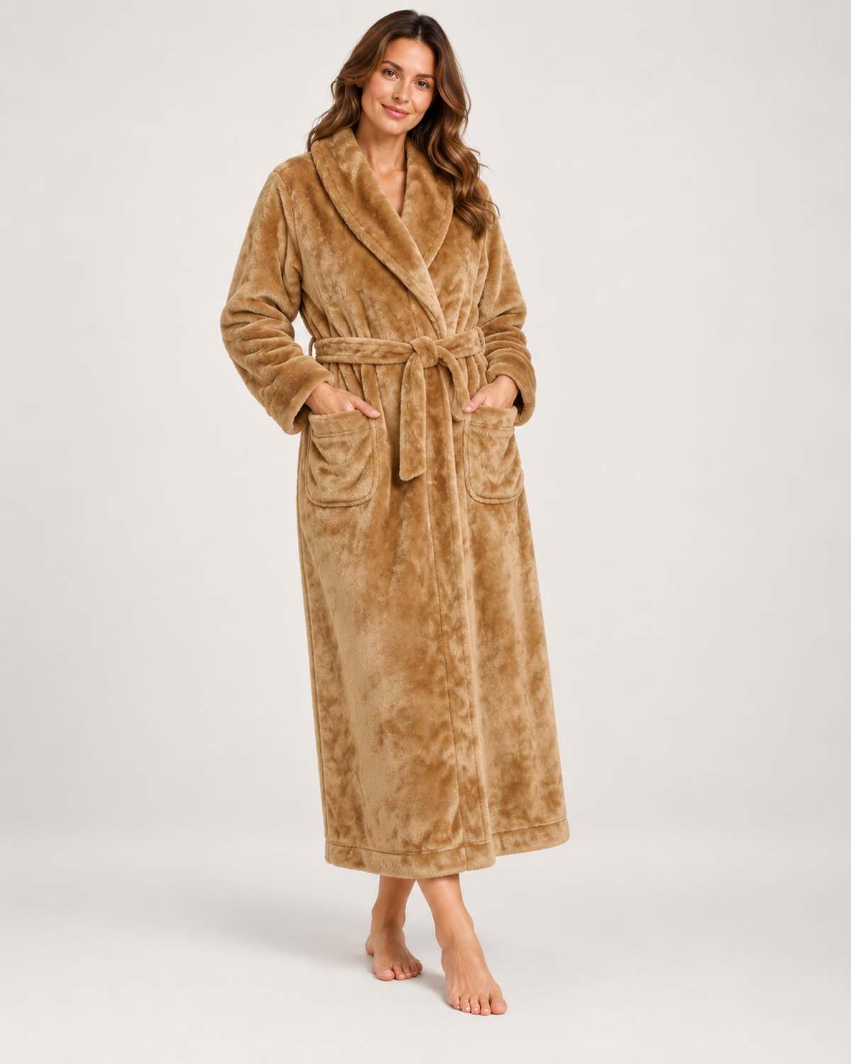 Women's Fleece Dressing Gown – Long Wrap Style in Camel