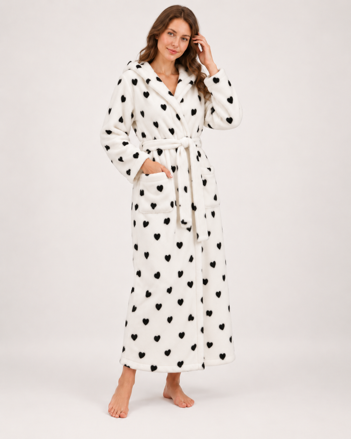 Women's Hooded Fleece Dressing Gown – Seven Designs in Heart Print