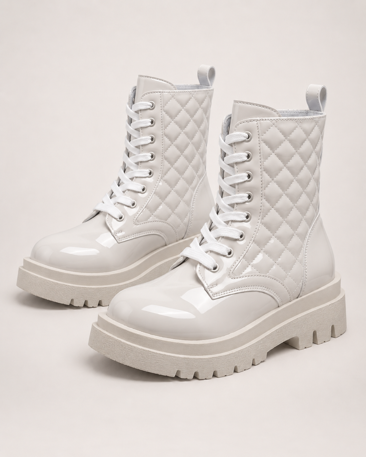 Women's Platform Ankle Boots – Quilted Lace-Up Style in Beige