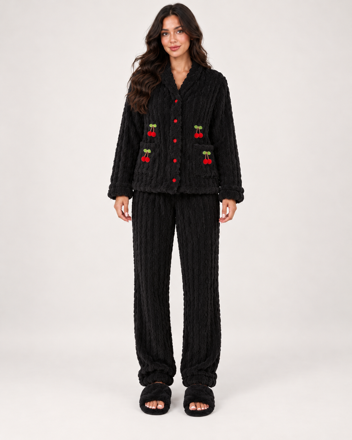 Women's Fleece Pyjamas – Ribbed Button-Up Set in Black