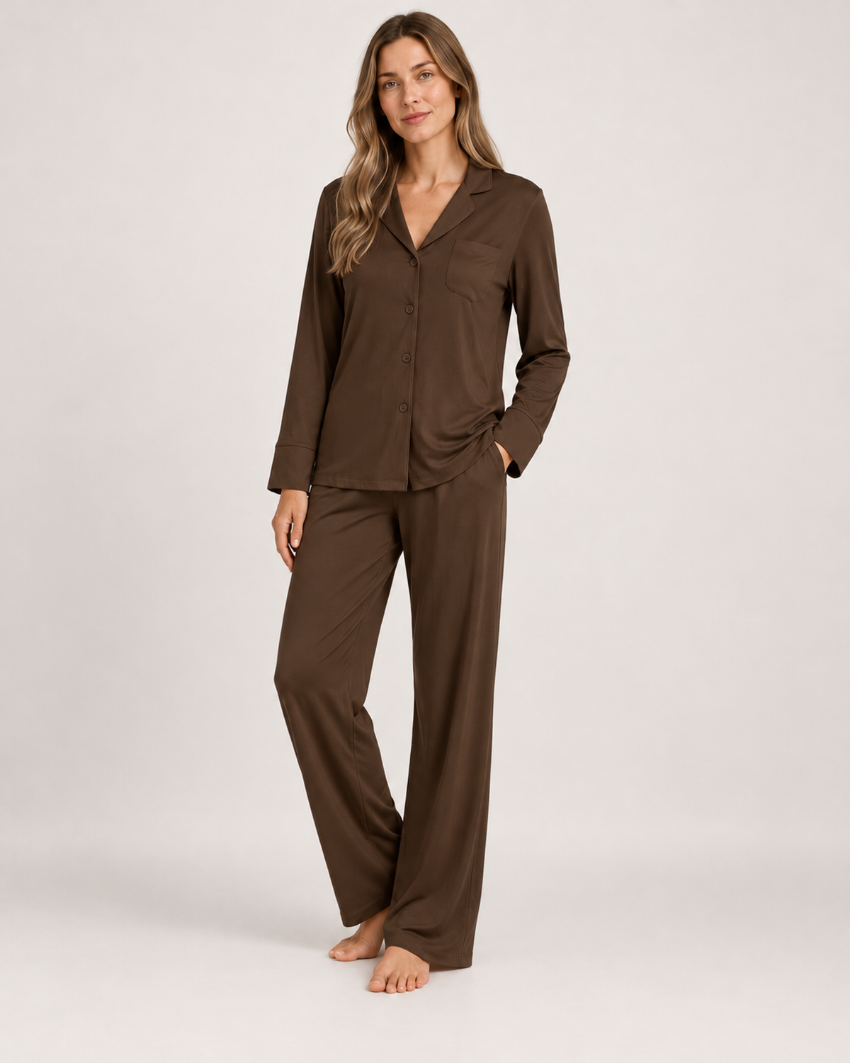 Women's Pyjama Set – Button-Up Long Sleeve Style in Chocolate Brown