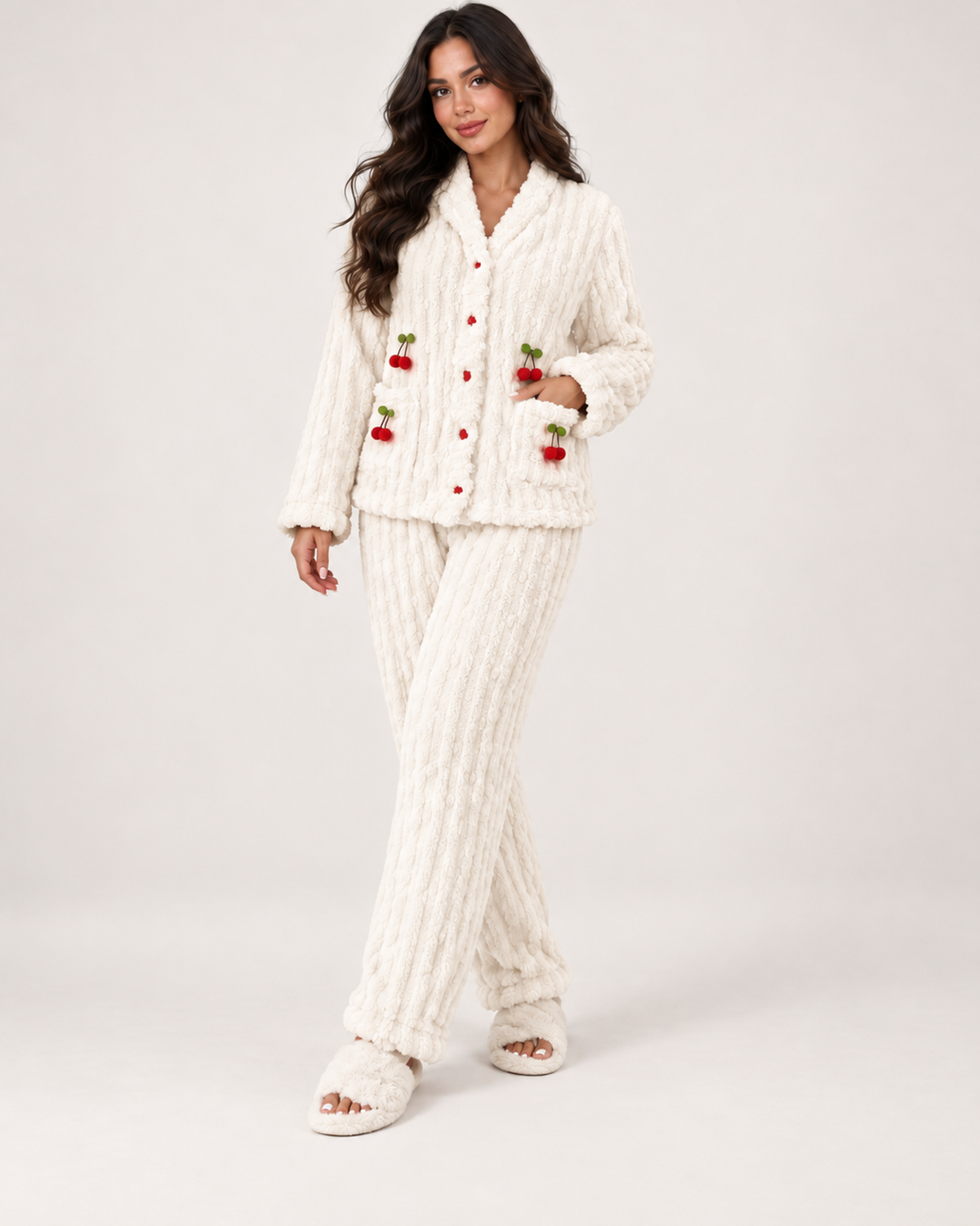 Women's Fleece Pyjamas – Ribbed Button-Up Set in Ivory