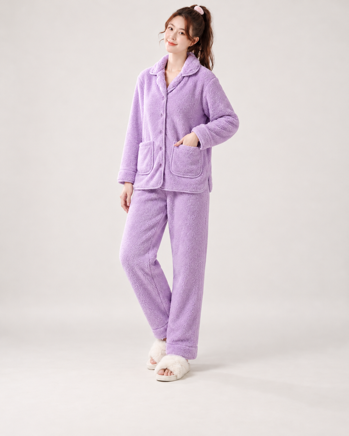 Women's Fleece Pyjamas – Button-Up Two-Piece Set in Lavender