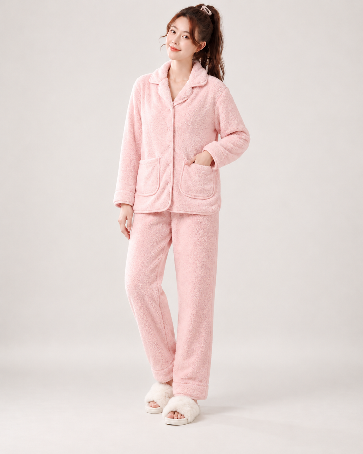 Women's Fleece Pyjamas – Button-Up Two-Piece Set in Pink