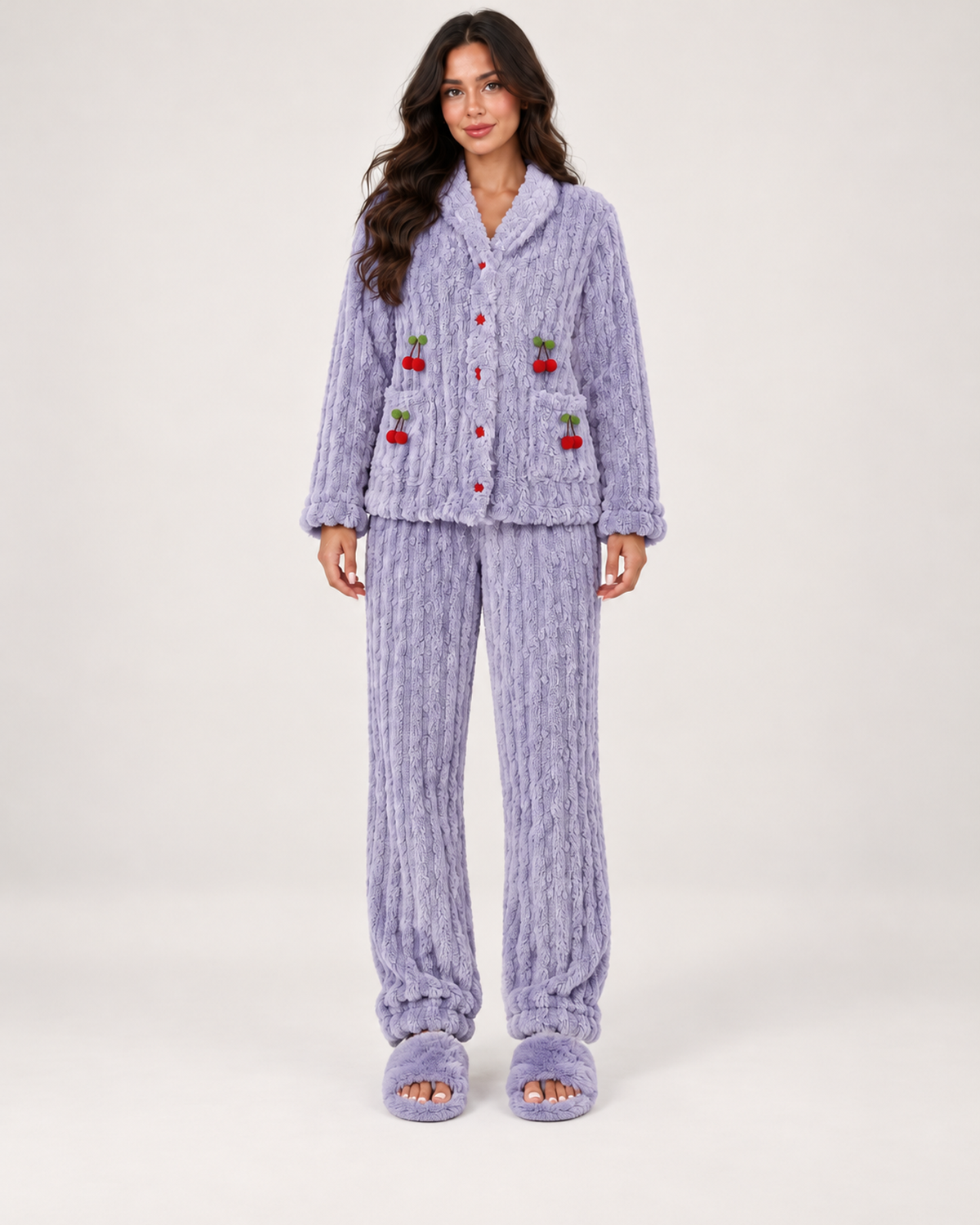 Women's Fleece Pyjamas – Ribbed Button-Up Set in Purple