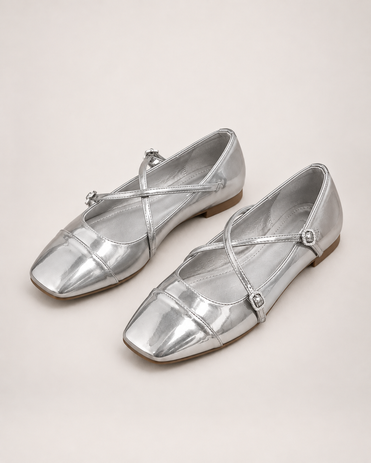 Women's Mary Jane Shoes – Cross-Strap Square Toe in Silver