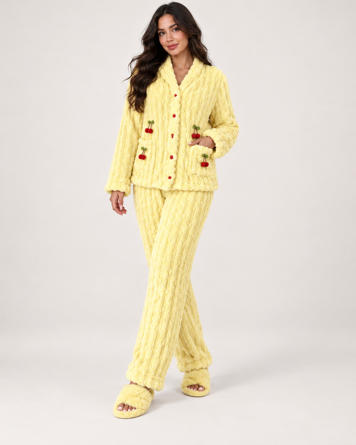 Women's Fleece Pyjamas – Ribbed Button-Up Set in Yellow