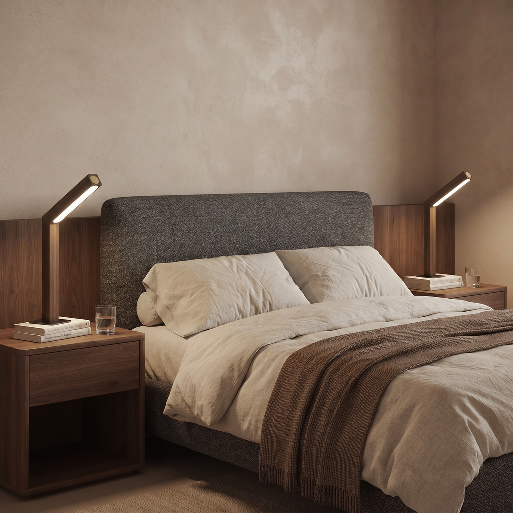 Pair of rechargeable walnut finish table lamps beside a made bed