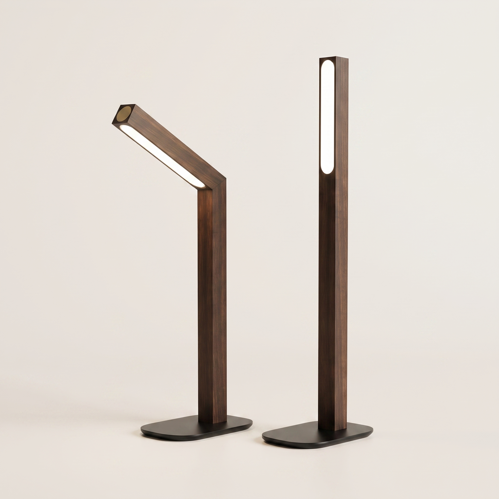 Two complete walnut finish rechargeable table lamps on a neutral background