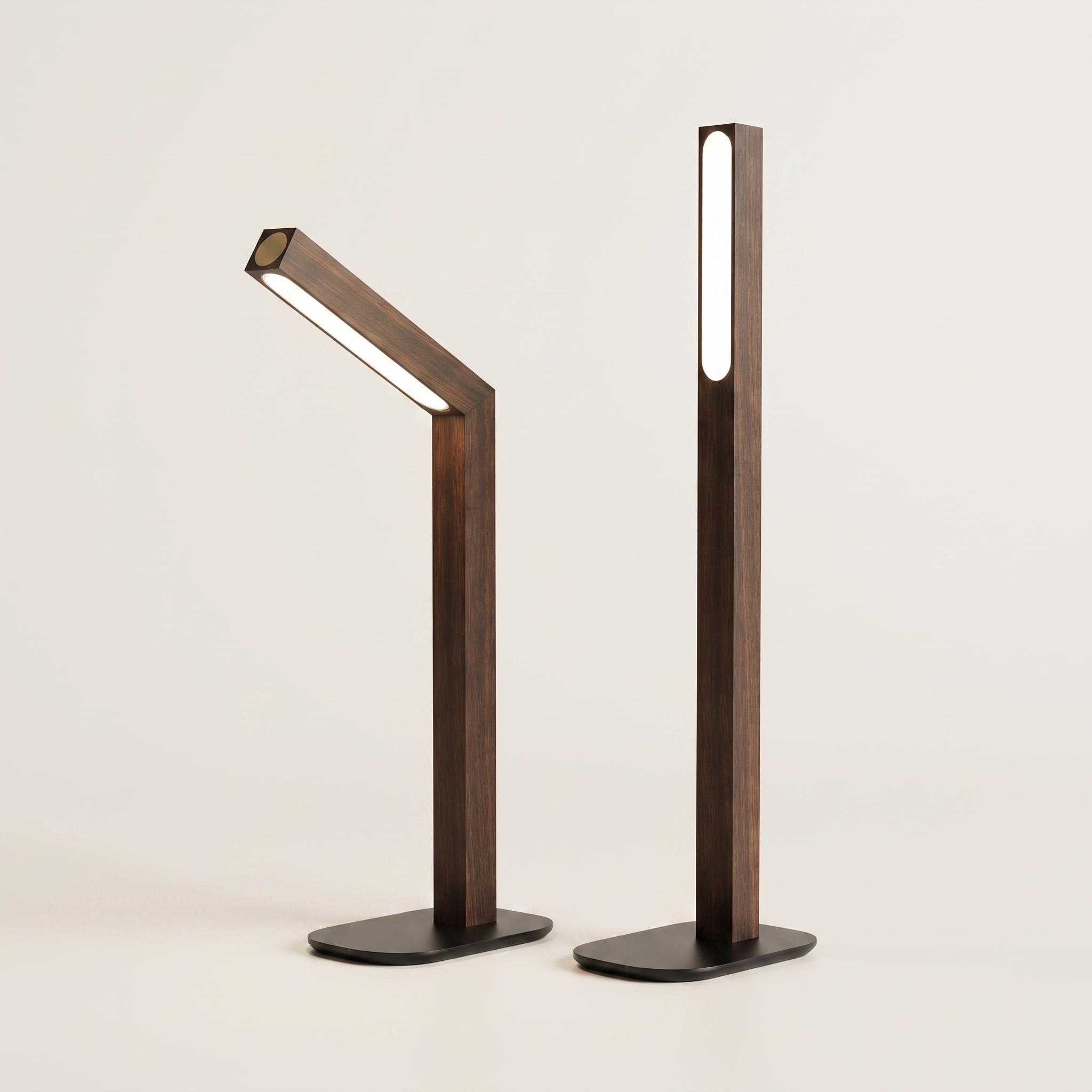 Two complete walnut finish rechargeable table lamps on a neutral background