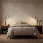 Two walnut finish rechargeable lamps in a warm modern bedroom