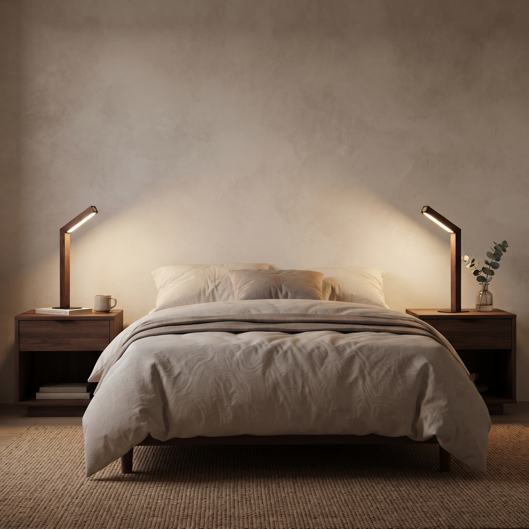 Two walnut finish rechargeable lamps in a warm modern bedroom