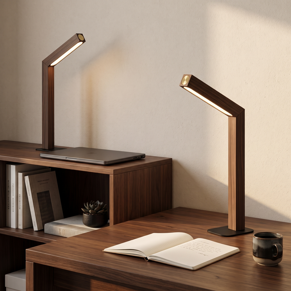 Pair of cordless walnut finish lamps arranged in a home office