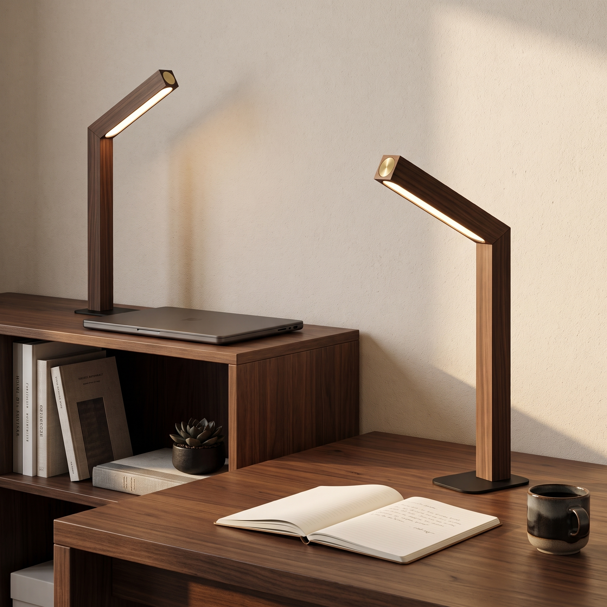 Pair of cordless walnut finish lamps arranged in a home office