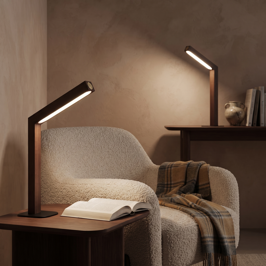 Two walnut finish table lamps lighting a cosy reading corner