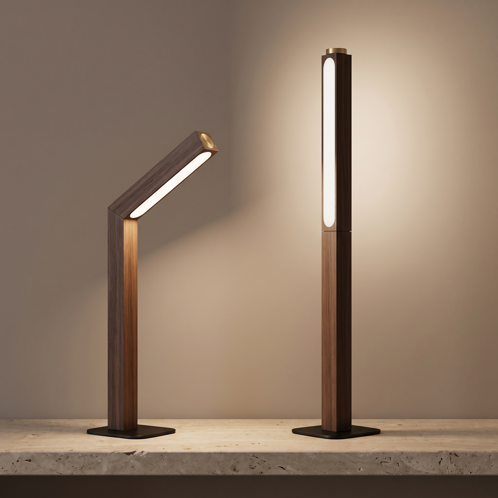 Two walnut finish lamps with their light bars turned to different angles